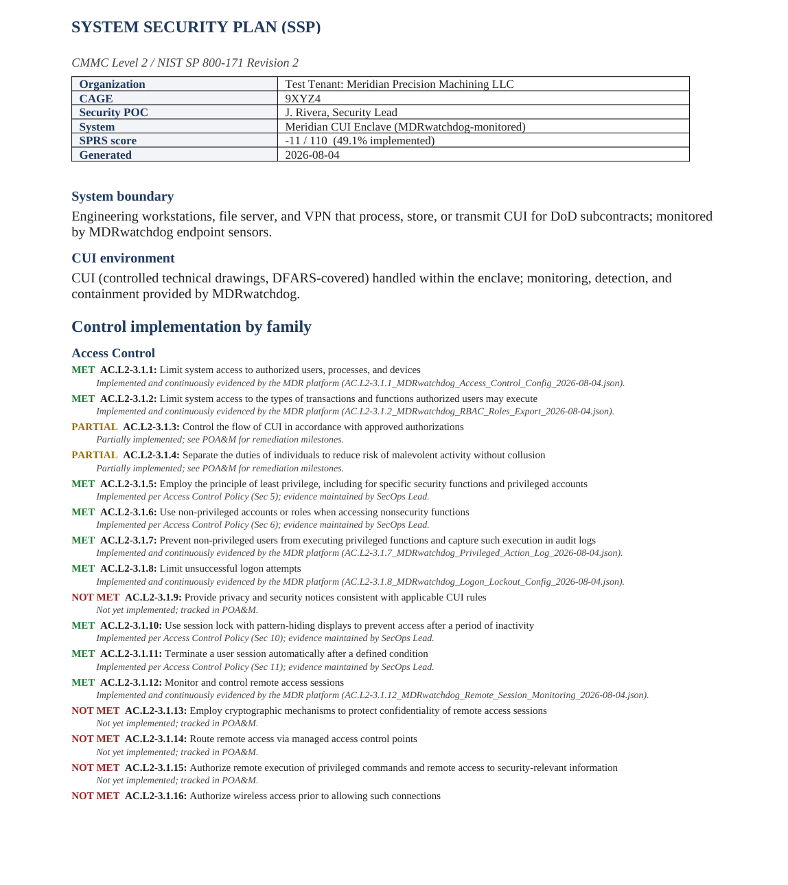 Sample System Security Plan generated by MDRwatchdog, showing the control matrix with controls marked as evidenced by system telemetry versus attestation-required.
